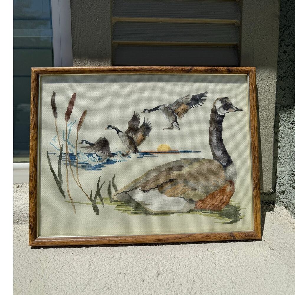vintage framed cross-stitch piece The Canada Goose Wildlife Series  70s cabin